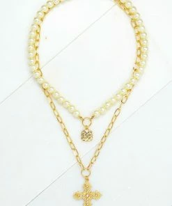 Vendor-unknown ACCESSORIES Maury Gold Two Strand With Pearl And Cross Pendant Necklace