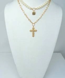 Vendor-unknown ACCESSORIES Maury Gold Two Strand With Pearl And Cross Pendant Necklace