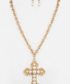 Vendor-unknown ACCESSORIES Satya Gold & Pearl Cross Pendant Necklace Set