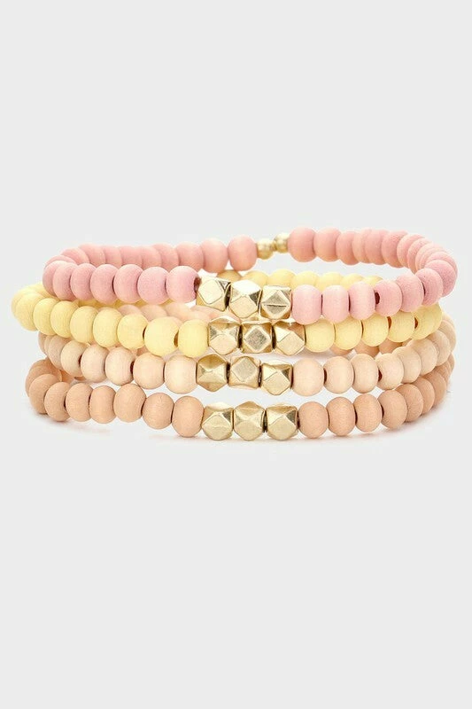 Vendor-unknown Orla Pink 4 Piece Wood Faceted Metal Bead Stretch Bracelets JUST IN