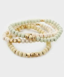 Vendor-unknown JUST IN Orla Sage Neutral 4 Piece Wood Faceted Metal Bead Stretch Bracelets