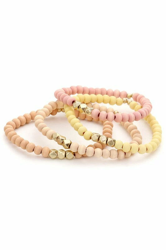 Vendor-unknown Orla Pink 4 Piece Wood Faceted Metal Bead Stretch Bracelets JUST IN