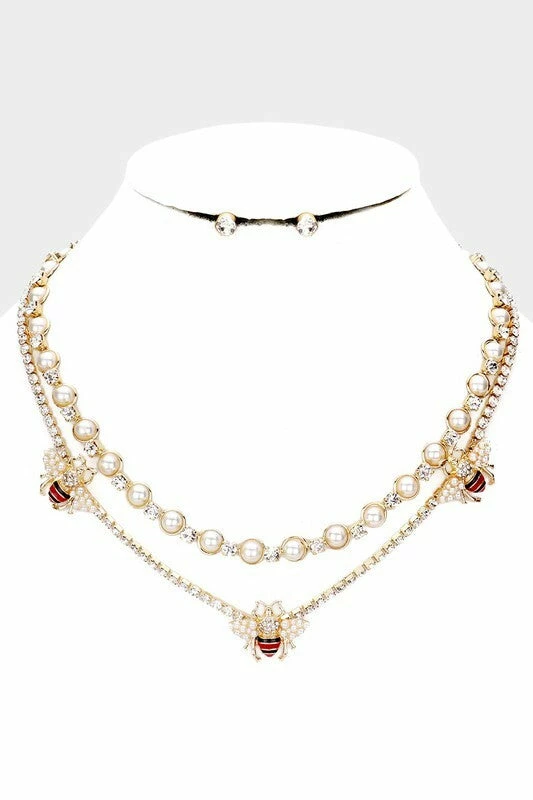 Vendor-unknown JUST IN Farrah Gold Pearl Honey Bee Accented Layered Necklace