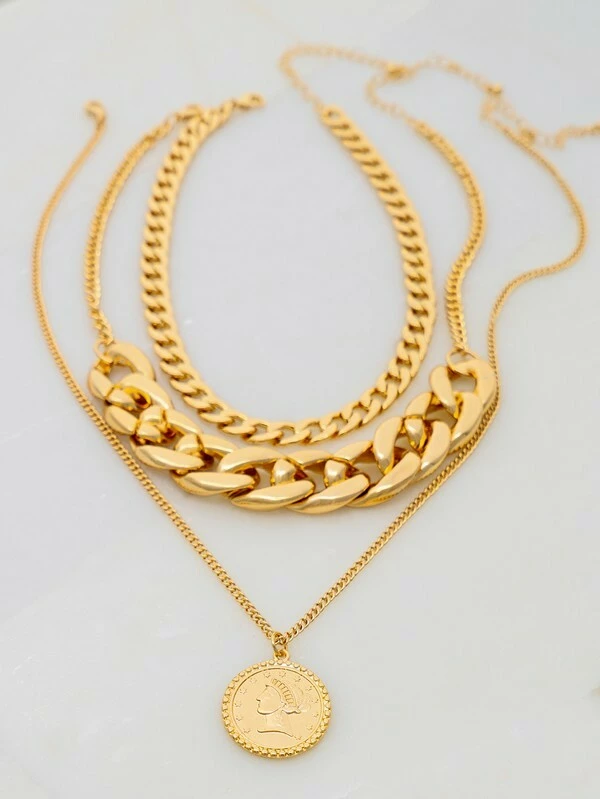 Vendor-unknown Laurie Gold 3 Necklaces Set With Chunky Chain And Coin Charm JUST IN