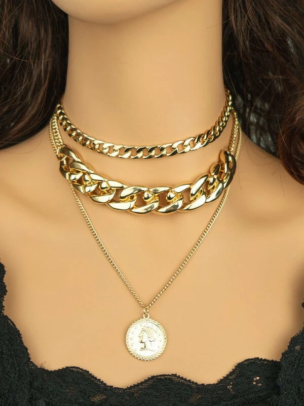 Vendor-unknown Laurie Gold 3 Necklaces Set With Chunky Chain And Coin Charm JUST IN
