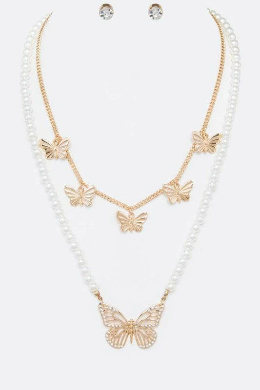 Vendor-unknown Capri Gold Multi Layer Pearl & Butterfly Embellished Necklace Set