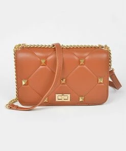 Vendor-unknown JUST IN Andra Camel Quilted Flap Crossbody Bag W/ Oversized Studs