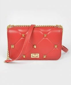 Vendor-unknown Andra Red Quilted Flap Crossbody Bag W/ Oversized Studs