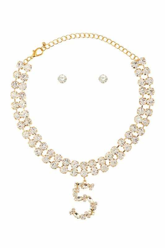 Vendor-unknown Tamia Gold Number Five Charm Double Line Rhinestone Necklace