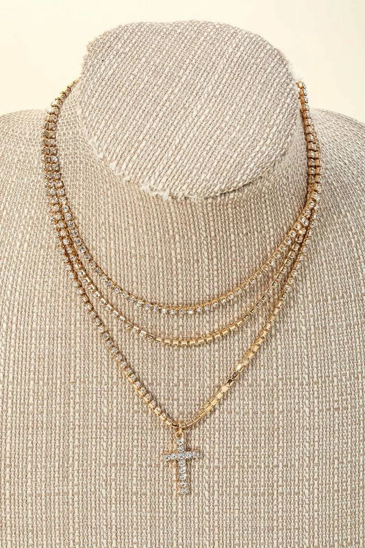 Vendor-unknown Jemma Pave Rhinestone Chain Layered Cross Charm Necklace