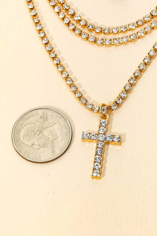 Vendor-unknown Jemma Pave Rhinestone Chain Layered Cross Charm Necklace