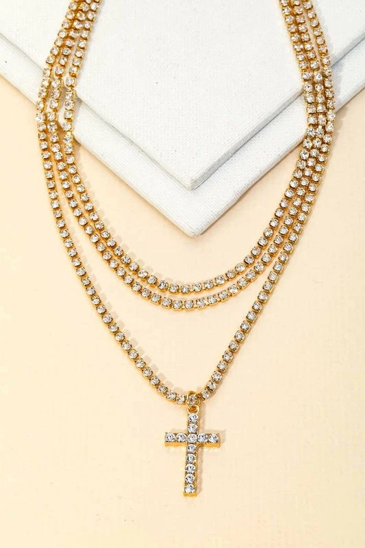 Vendor-unknown Jemma Pave Rhinestone Chain Layered Cross Charm Necklace