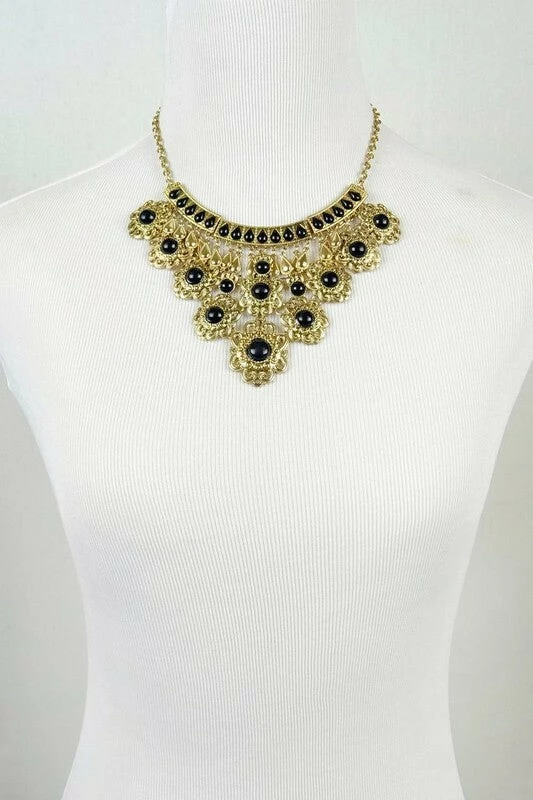 Vendor-unknown Maddy Golden Black Stones Filigree Statement Necklace
