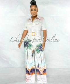 Chic Couture Online Greece Ivory Print Bamboo Belt Wide Legs Jumpsuit