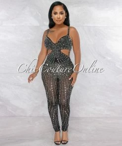 Vendor-unknown Ellender Black Silver Rhinestones Cut-Out Jumpsuit JUST IN