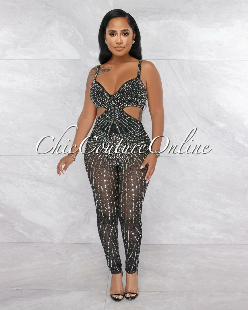 Vendor-unknown Ellender Black Silver Rhinestones Cut-Out Jumpsuit JUST IN