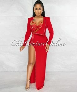 Vendor-unknown Marlinda Red Bodysuit Rhinestone Embellished Dress Set