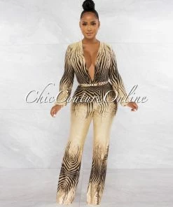 Vendor-unknown Boswell Brown Black Zebra Print Plunging V-Neck Jumpsuit JUST IN