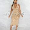 Vendor-unknown Florentino Nude Rhinestones Halter Midi Dress JUST IN