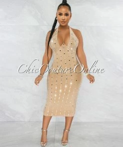 Vendor-unknown Florentino Nude Rhinestones Halter Midi Dress JUST IN
