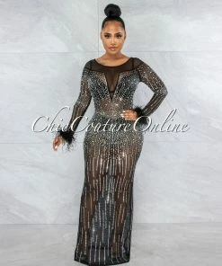 Vendor-unknown JUST IN Karibe Black Mesh Rhinestones Feather Long Sleeves Maxi Dress