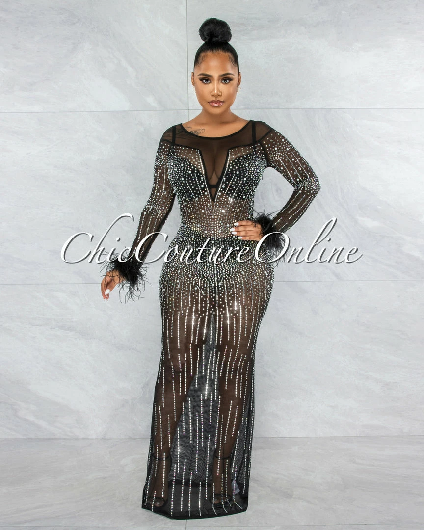 Vendor-unknown JUST IN Karibe Black Mesh Rhinestones Feather Long Sleeves Maxi Dress