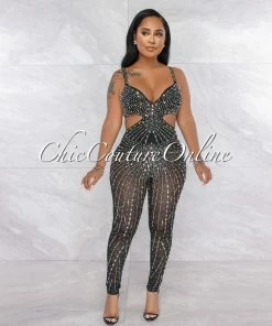 Vendor-unknown Ellender Black Silver Rhinestones Cut-Out Jumpsuit JUST IN