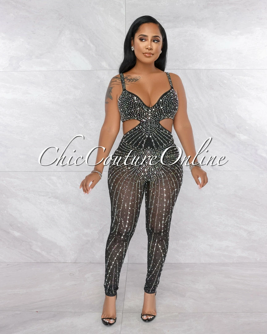 Vendor-unknown Ellender Black Silver Rhinestones Cut-Out Jumpsuit JUST IN