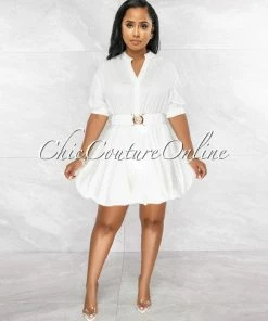 Vendor-unknown JUST IN Breanna Off-White Gold Buckle Bubble Dress
