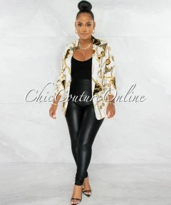 Chic Couture Online JUST IN Lorna Off-White Gold Print Long Sleeves Blazer