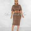 Chic Couture Online Marfo Brown Knot Crop Top & Ruched Skirt Set JUST IN