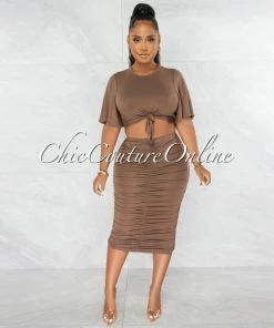 Chic Couture Online Marfo Brown Knot Crop Top & Ruched Skirt Set JUST IN
