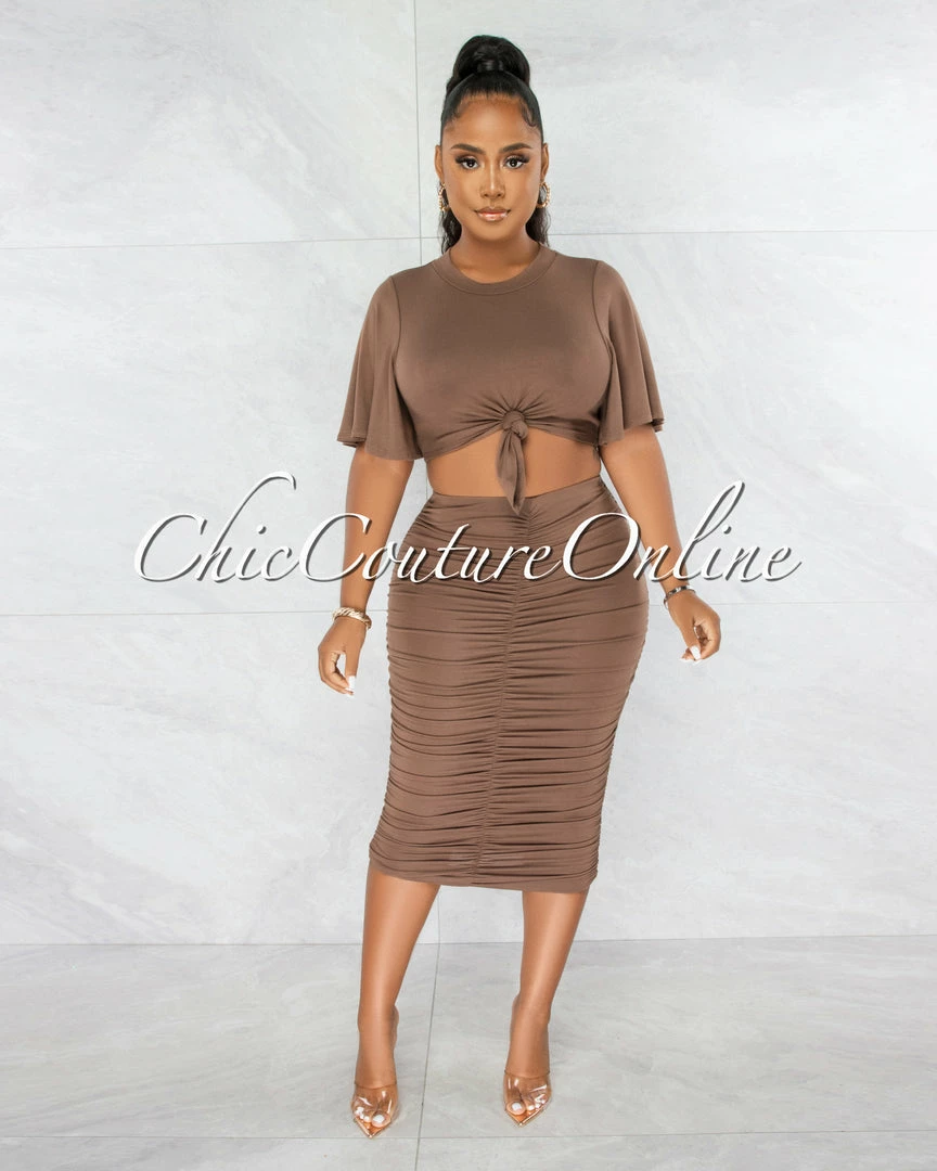 Chic Couture Online Marfo Brown Knot Crop Top & Ruched Skirt Set JUST IN