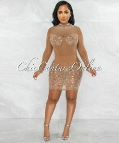 Chic Couture Online JUST IN Fedelta Mocha Silver Rhinestones & Pearls Mesh Dress