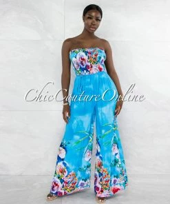 Vendor-unknown Stacie Turquoise Floral Print Smocked Top Jumpsuit JUST IN