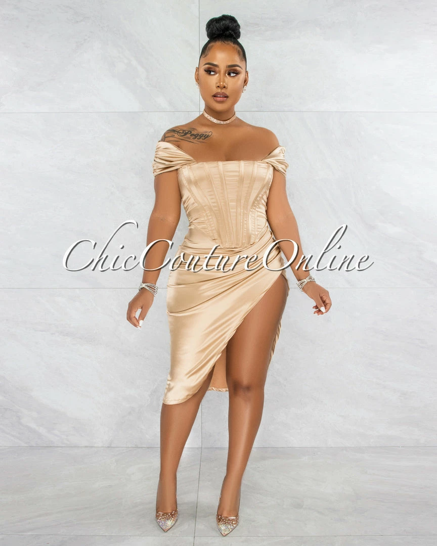 Chic Couture Online Suyen Gold Satin Drape Corset Midi Dress