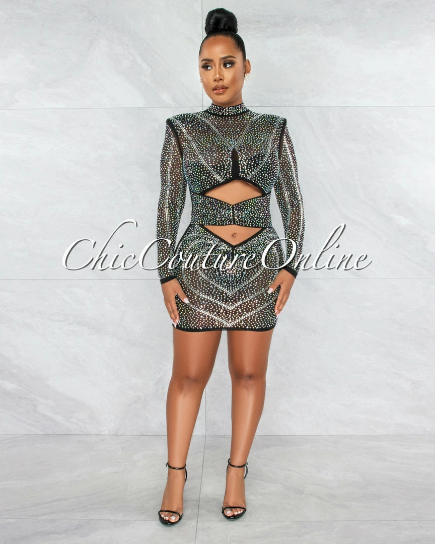 Vendor-unknown Lavinia Black Iridescent Rhinestone Cut Out Dress
