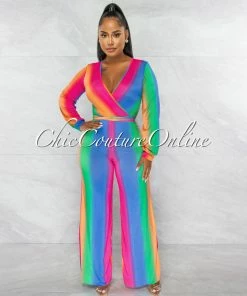 Chic Couture Online JUST IN Sheila Blue Orange Ombré Multi-Color Stripes Jumpsuit