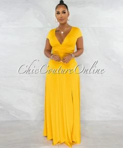 Chic Couture Online Styx Mustard Draped Waistband Maxi Slit Dress