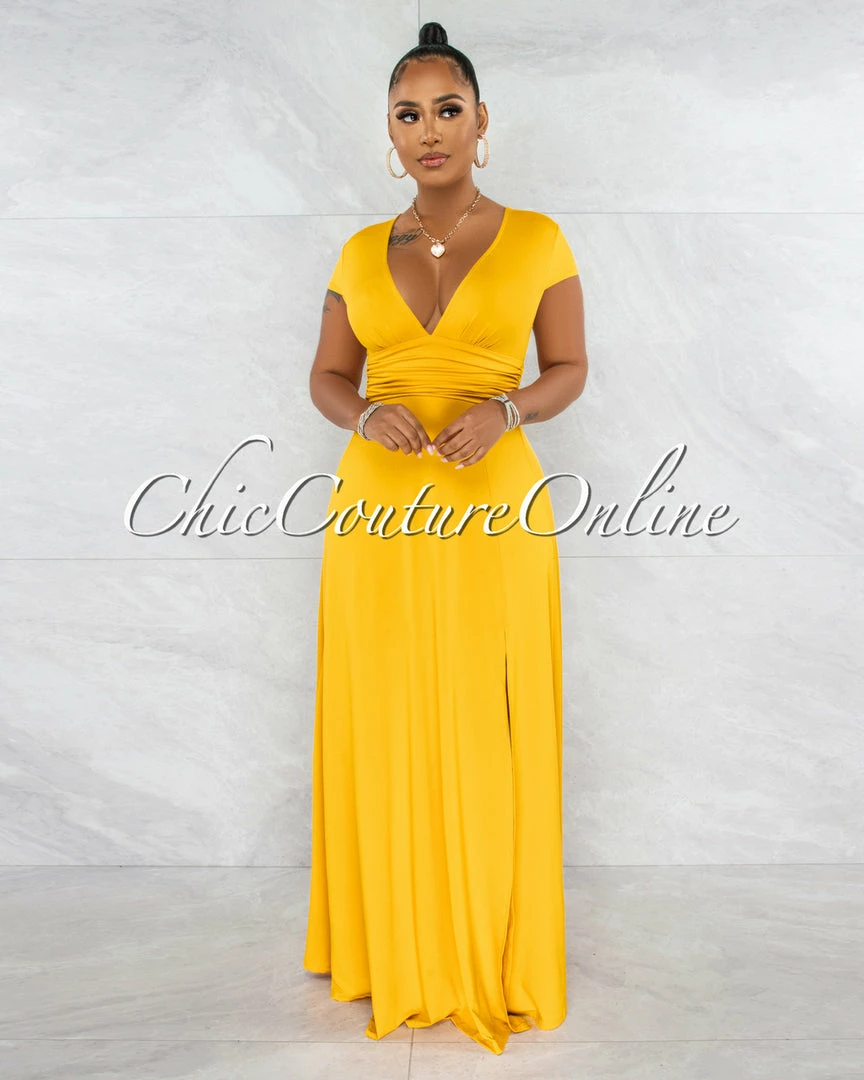 Chic Couture Online Styx Mustard Draped Waistband Maxi Slit Dress