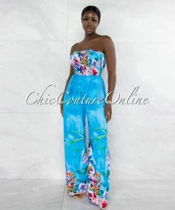 Vendor-unknown Stacie Turquoise Floral Print Smocked Top Jumpsuit JUST IN
