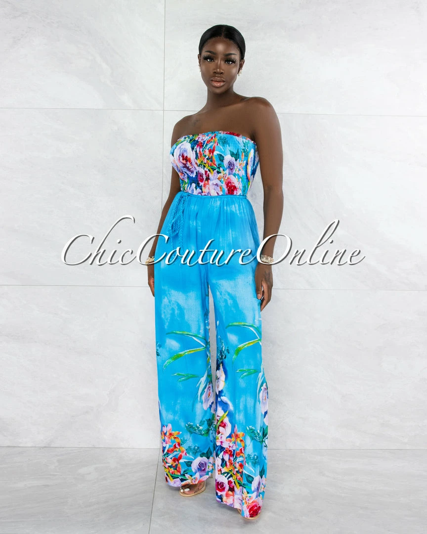 Vendor-unknown Stacie Turquoise Floral Print Smocked Top Jumpsuit JUST IN