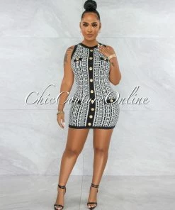 Vendor-unknown Torry Black White Gold Buttons Fret Knit Mini Dress JUST IN