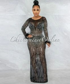 Vendor-unknown JUST IN Karibe Black Mesh Rhinestones Feather Long Sleeves Maxi Dress