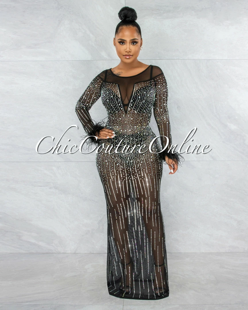 Vendor-unknown JUST IN Karibe Black Mesh Rhinestones Feather Long Sleeves Maxi Dress