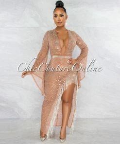 Vendor-unknown JUST IN Kyle Nude Sheer Rhinestones Fringe Slit Bodysuit Dress
