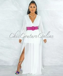 Vendor-unknown JUST IN Canela Ivory Long Sleeves Belted Maxi Dress