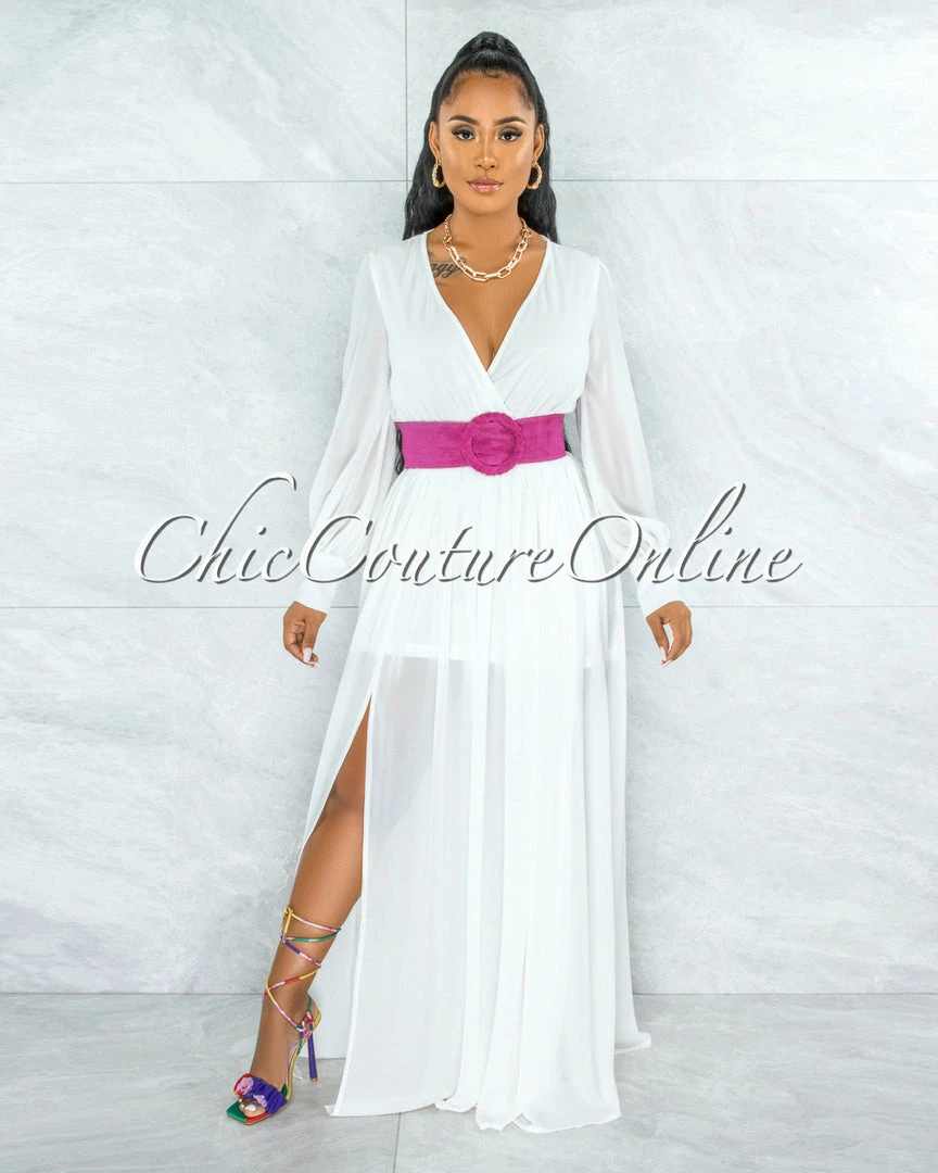 Vendor-unknown JUST IN Canela Ivory Long Sleeves Belted Maxi Dress