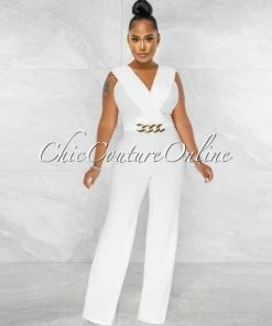 Chic Couture Online JUST IN Aimee Off-White Pleated Bust Gold Link Jumpsuit