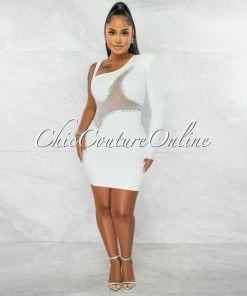 Chic Couture Online Ymara Off-White Silver Rhinestones Mesh Accent Mini Dress